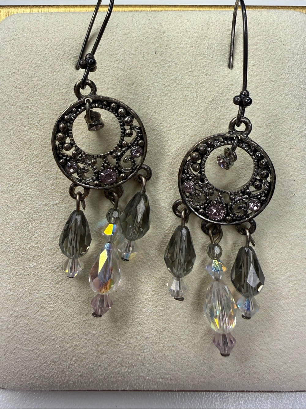 Boho Chandelier Dangle Earrings Gray Crystal Aurora Borealis Silver Tone Vintage